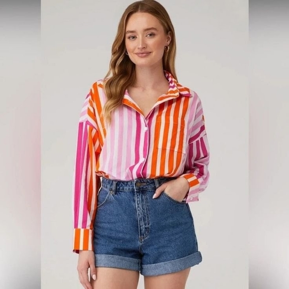 NEW Beach Riot Pink Orange Alexa Striped Oversized Button Up Shirt Size L Cotton - Picture 1 of 11